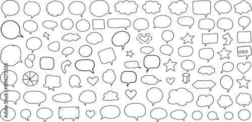 A collection of various speech bubbles and thought clouds in black outline on white background