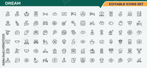 Dream line icon set. Room icon set. Contains such symbols as couch, room, bedchamber, house, furniture, living, decor and more. Editable stroke.