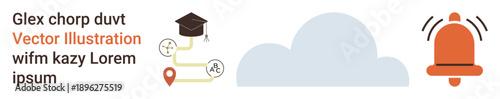Education, learning, cloud storage, technology, digital transformation, online alerts. Pathway with graduation cap, cloud icon notification symbol. Education and learning concept