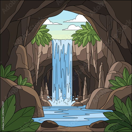 Vibrant Cartoon Cave Entrance with Waterfall, Lush Tropical Foliage, and Serene Pool - Nature Grotto Illustration