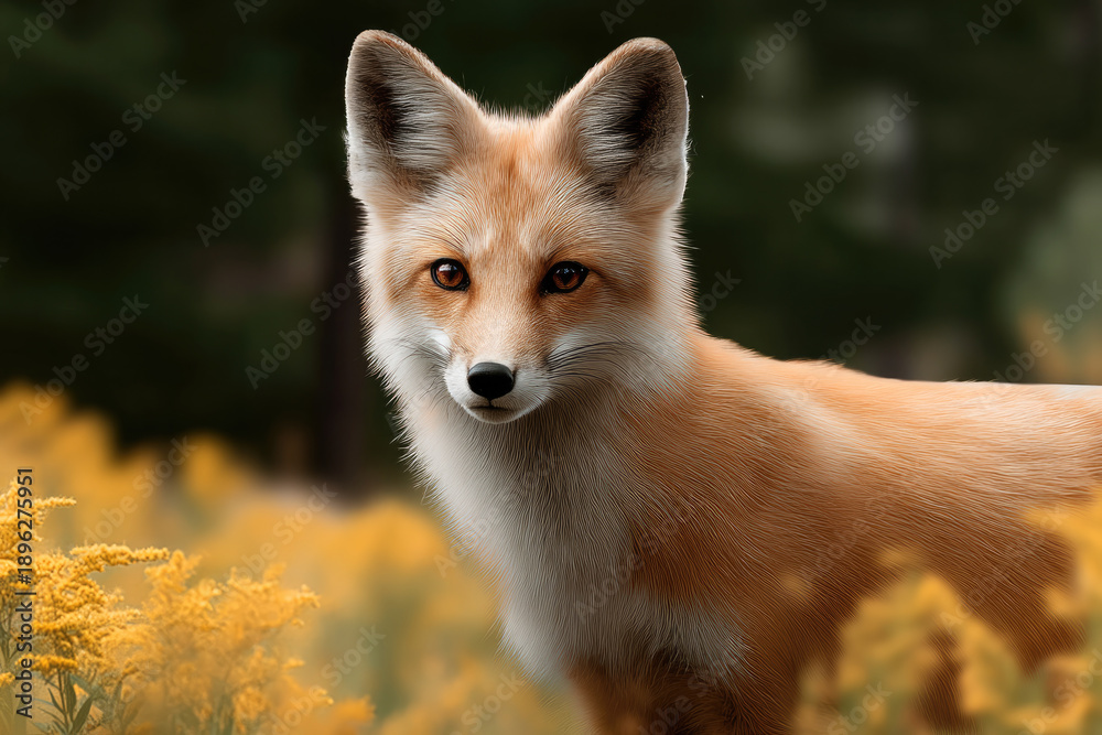 Fototapeta premium Red fox goldenrod field wild animal nature fur alert forest yellow flower autumn mammal outdoors wildlife orange ear eye standing looking natural