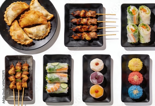 Diverse Asian Cuisine Assortment Featuring Dumplings Skewers Spring Rolls and Colorful Desserts Displayed on Sleek Black Platters Emphasizing Culinary Elegance