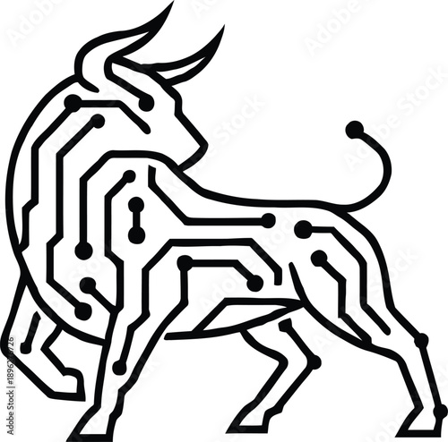 Minimalist Bull Silhouette Made of Circuit Lines