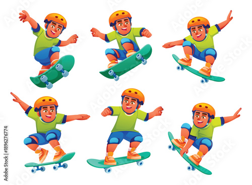 Young boy character set performing various stunts on a skateboard with pads. Vector cartoon illustration
