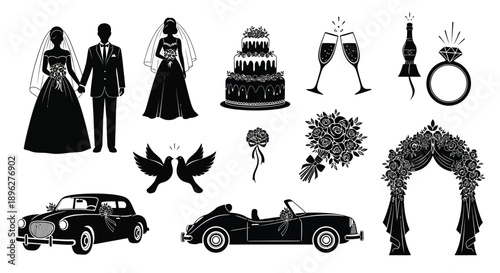 Wedding icons including couple car cake flowers ring and champagne