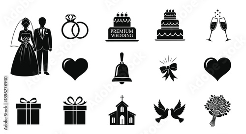 Wedding icons and symbols on white background black silhouettes of love marriage and celebration elements