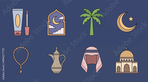 Ramadan Icons Mosque, Palm Tree, Coffee Pot, Rosary Beads