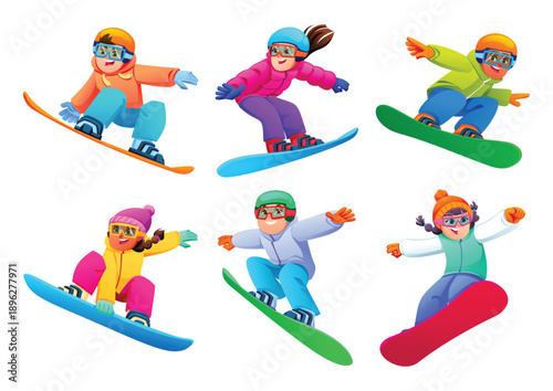 Diverse kids character set enjoying snowboarding in colorful winter clothes. Vector cartoon illustration