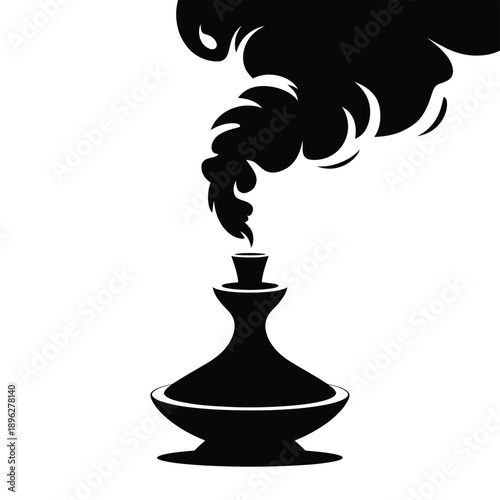 A striking black silhouette of a hookah with swirling smoke
