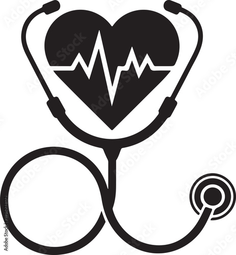 Medical stethoscope and heart with electrocardiogram lifeline symbolizing cardiology health care and life saving science profession