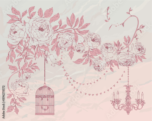 Vintage floral arrangement with roses and birdcage chandelier detailed pink line art on textured pastel background for romantic decor