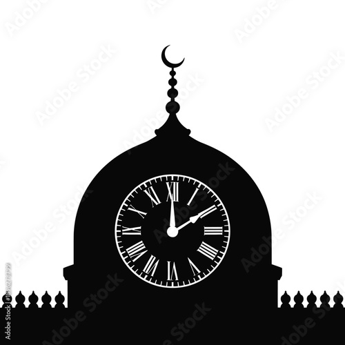 A black silhouette of a mosque clock tower against a white backdrop