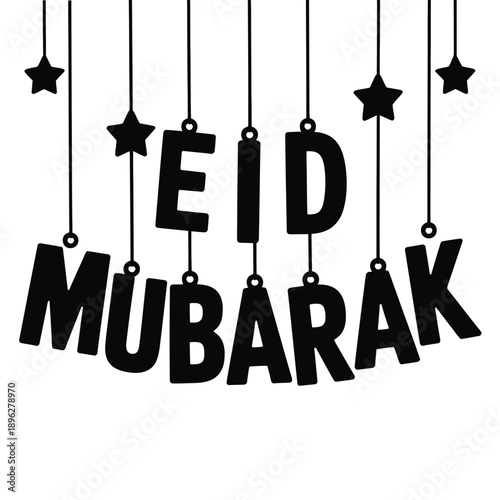 Eid mubarak greeting with black stars and lettering on white background