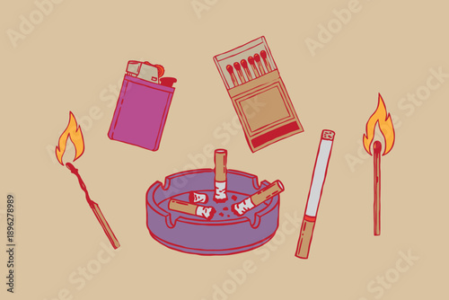 Various smoking accessories doodle style set. Cigarette, matches box, ashtray with butts, lighter, burning match. Hand drawn Vector illustration. colorful Smoking tools, bad habit, addiction template