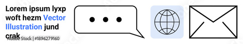 Communication, messaging, email, networking, global connectivity, digital interaction. Chat bubble, globe and envelope icons. Communication and messaging concepts for online interactions and global