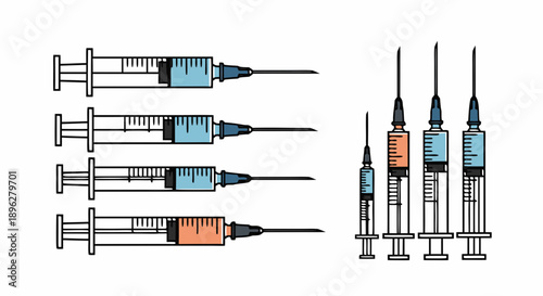 Collection of various medical syringes filled with colorful liquid representing doses for injection or vaccination