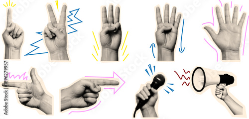 Pop art halftone sticker set showing expressive hand gestures counting pointing holding microphone and megaphone with energetic accents retro collage