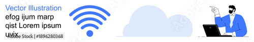 Wireless technology, cloud computing, remote work, internet services, data transfer, digital connectivity. Blue wireless icon, cloud shape and a person with a laptop pointing. Wireless technology