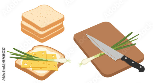 Kitchen scene featuring a stack of bread slices, a cheese and green onion toast, and a cutting board with a knife and fresh green scallions.
