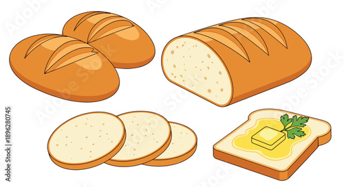 Assortment of fresh baked bread including whole loaves, round slices, and a piece of golden toast topped with melted butter and parsley.