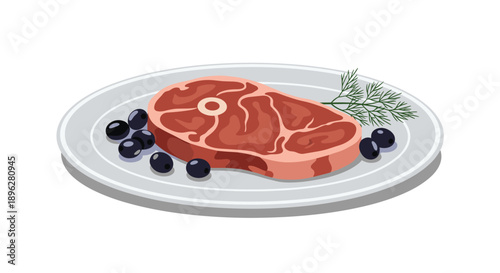 Raw beef steak with a large bone is served on a white plate and garnished with black olives and a fresh sprig of green dill for dinner.