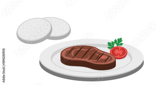 Grilled beef steak is served on a white plate with a slice of fresh tomato and parsley alongside two round white crackers or flatbreads.