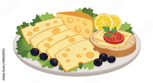 Appetizer plate features several slices of Swiss cheese with large holes a piece of bread with tomato and garnish and black olives.