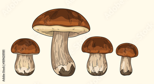 Four edible porcini mushrooms of different sizes are arranged in a row showing their characteristic brown caps and thick textured stalks.
