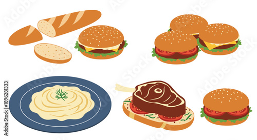 Selection of various meals and fast food items includes burgers a baguette mashed potatoes and a gourmet steak sandwich.