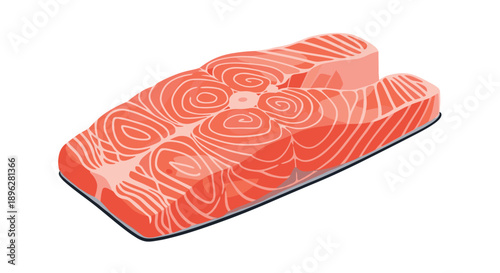 Large slice of fresh raw salmon steak shows the characteristic marbled pink flesh and silver skin on a clean white background.