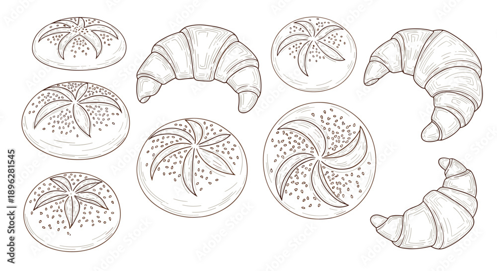 Fototapeta premium Selection of freshly baked bread rolls with seeds and flaky croissants is presented in a detailed hand-drawn line art style on white.