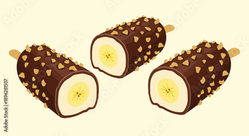 Three frozen banana treats on wooden sticks are covered in dark chocolate and sprinkled with crushed nuts on a light background.