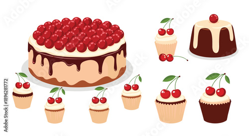 Delicious chocolate cherry layer cake decorated with fresh berries and several matching cupcakes for a party or celebration.