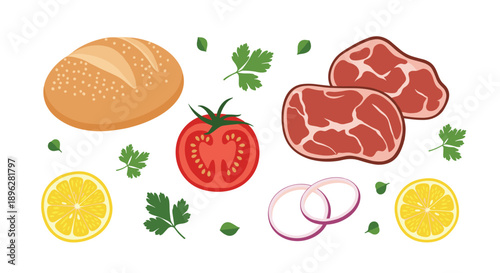 Fresh ingredients for a meal including a whole loaf of bread, raw meat slices, tomato, lemon, onion rings, and parsley on white.