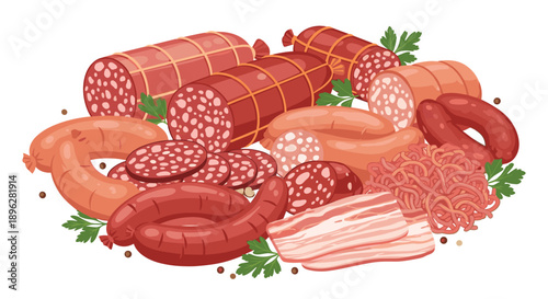 Varied collection of different sausages, salami, bacon, and ground meat with herbs and spices for a butcher shop display.