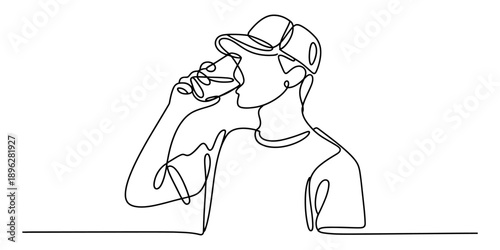 Continuous line art illustration of a person drinking a beverage from a can
