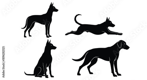 Set of four black silhouettes of dogs in various poses including standing, sitting, and running for pet and animal themes.