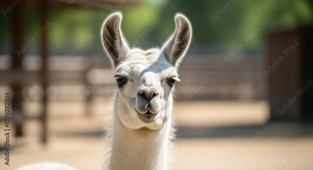Naklejka premium Portrait of a curious, light-colored llama facing the camera outdoors