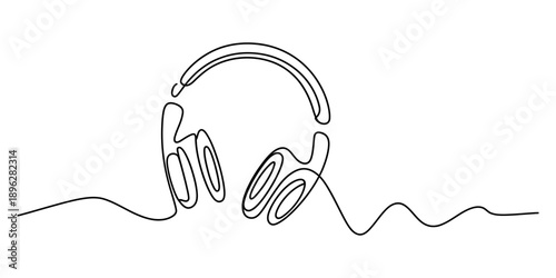 Minimalist continuous single line drawing of headphones with a sound wave pattern