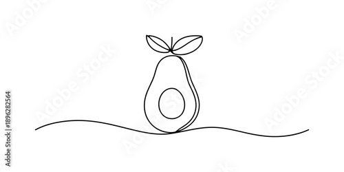 Simple continuous line art illustration of a ripe avocado fruit with a seed and leaves