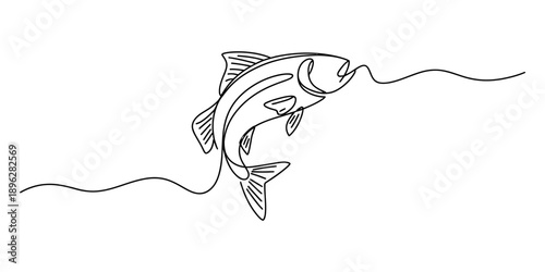 Continuous single line art illustration of a jumping fish on a white background
