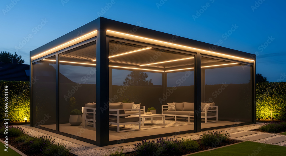 Fototapeta premium Modern outdoor living space with illuminated glass pavilion at dusk