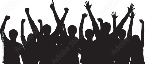 Crowd of people silhouettes with raised hands vector illustration, cheering or protest