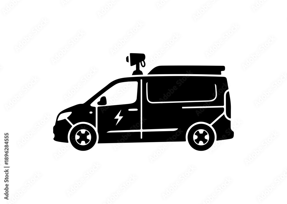 Fototapeta premium Electric Van with Surveillance Equipment Silhouette Vector