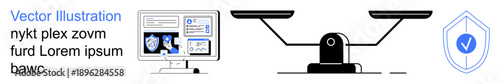 Digital security, justice, online safety, balance, data protection, cyber law. Computer with secure interfaces, legal scale shield icon. Digital security and justice