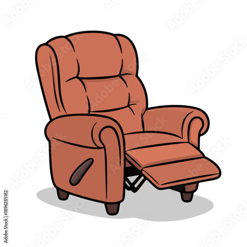 A comfortable orange recliner chair with footrest extended on a white background