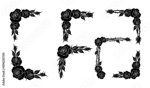 Gothic Rose Corner Silhouette Ornament Vector Set