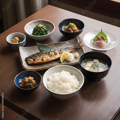 Traditional Japanese Home Cooked Meal with Grilled Mackerel and Miso Soup for Healthy Food Concept 고등어구이와 미소된장국이 포함된 정갈한 전통 일본식 가정식 차림과 건강식 컨셉