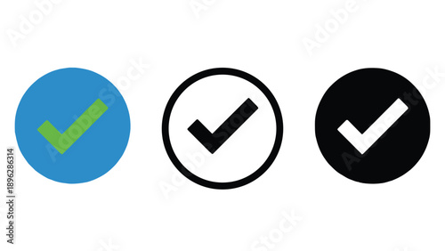 Set Of Circular Checkmark Approval Icons For UI Confirmation, Validation, Task Completion And Verification Badge Pack