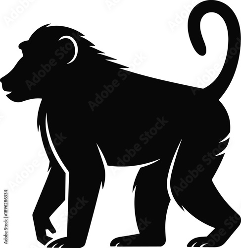 Baboon silhouette vector, primate animal artwork, wildlife graphic design, monkey outline illustration, black mammal icon, nature inspired artwork, minimalist jungle symbol
